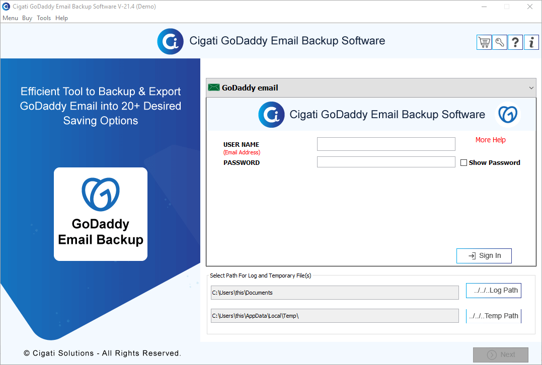 Cigati GoDaddy Email Backup Tool software