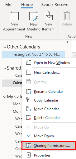 Outlook calendar share permissions